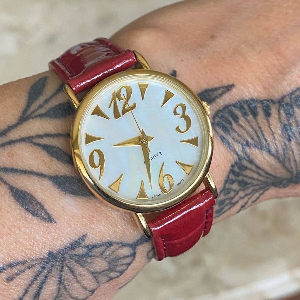 Two Red & Green Gold Tone Watches Leather Bands